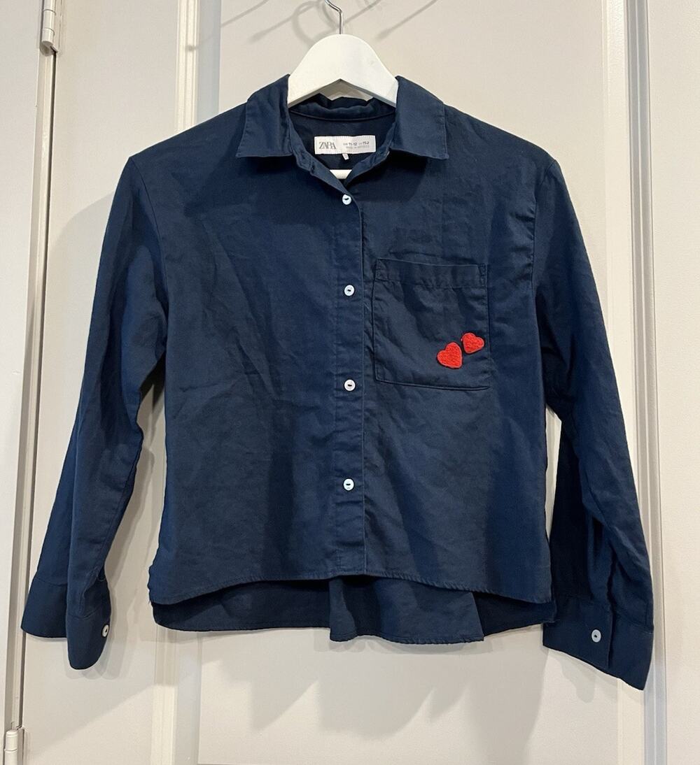 ZARA Girls Navy Cotton Button-Up Shirt Long Sleeve Embroidered Hearts 11-12 A1